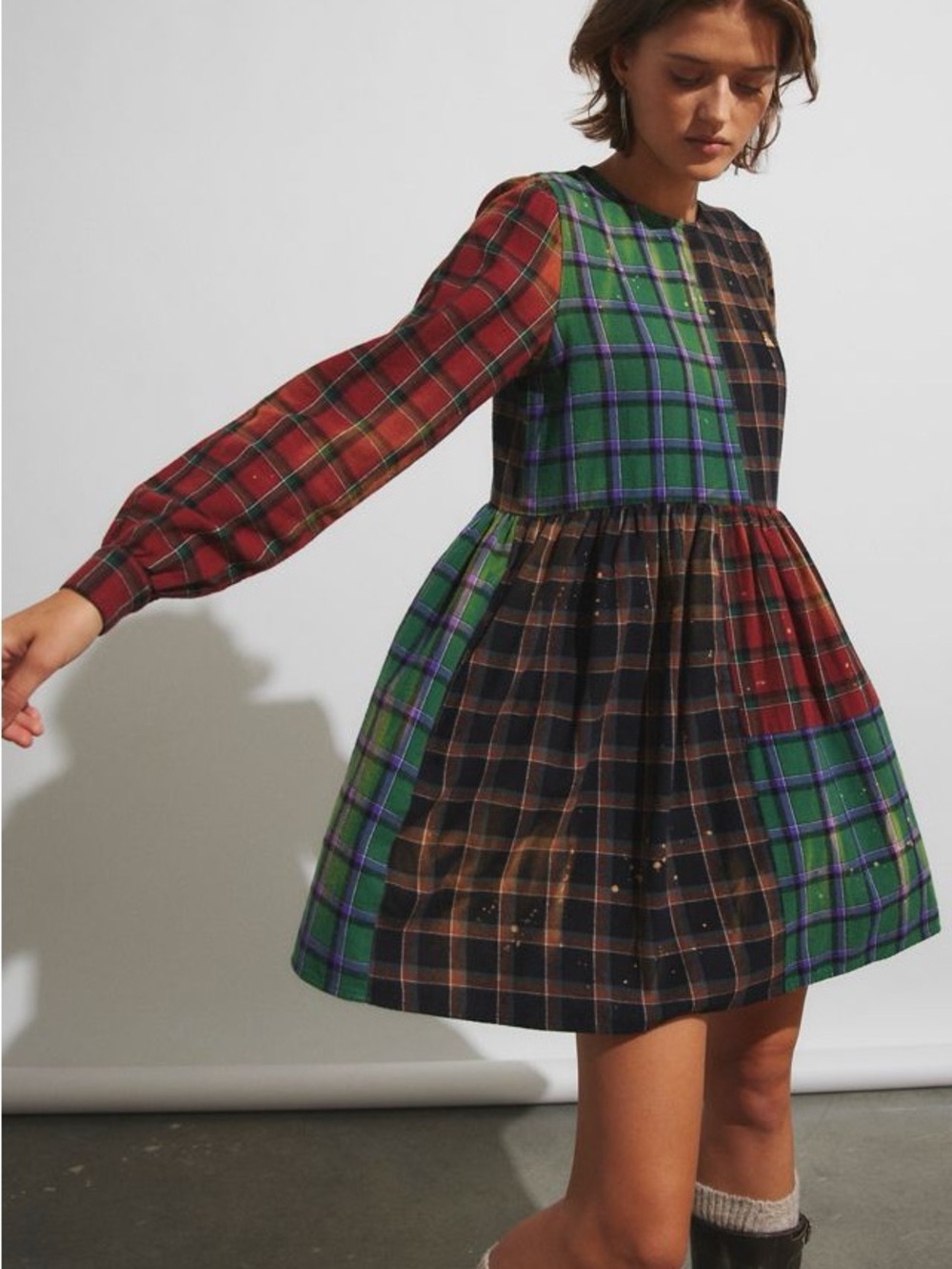Teddy Fresh Plaid Patchwork Long-Sleeve Dress in Red, Green, Black